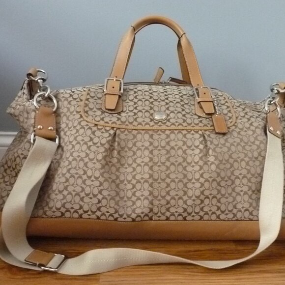 COACH SIGNATURE CANVAS BEIGE LEATHER TRIM DUFFLE TRAVEL BAG - Picture 1 of 8
